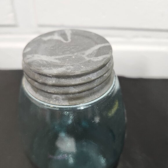 Vintage Early 1900's Aqua Blue Glass Mason Jar With Lid - Picture 3 of 8